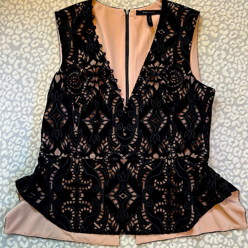 BCBG Max Azria, beautiful flattering, black patterned shirt